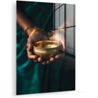 MuchoWow Glasschilderij 120x160 cm - Schilderij acrylglas - Goud - Kom - Blauw - Foto op glas - Muurdecoratie woonkamer - Wanddecoratie slaapkamer - Schilderijen