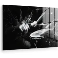 MuchoWow Glasschilderij 150x100 cm - Schilderij acrylglas - Drummer - Zwart - Drumstel - Foto op glas - Muurdecoratie woonkamer - Wanddecoratie slaapkamer - Schilderijen