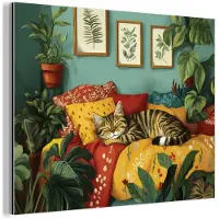 MuchoWow Aluminium schilderij 160x120 cm - Wanddecoratie metaal - Kat - Planten - Groen - Metalen muurdecoratie woonkamer - Decoratie industrieel - Foto op dibond - Industriële accessoires slaapkamer