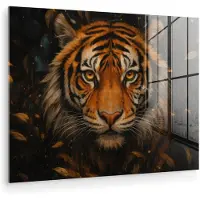 MuchoWow Glasschilderij 40x30 cm - Schilderij acrylglas - Bladeren - Tijger - Oranje - Foto op glas - Muurdecoratie woonkamer - Wanddecoratie slaapkamer - Schilderijen