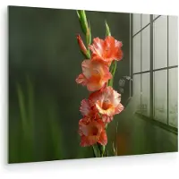 MuchoWow Glasschilderij 80x60 cm - Schilderij acrylglas - Bloem - Gladiolen - Zalmroze - Foto op glas - Muurdecoratie woonkamer - Wanddecoratie slaapkamer - Schilderijen
