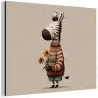 MuchoWow Aluminium schilderij 80x60 cm - Wanddecoratie metaal - Zebra - Zonnebloemen - Warm - Metalen muurdecoratie woonkamer - Decoratie industrieel - Foto op dibond - Industriële accessoires slaapkamer