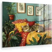 MuchoWow Glasschilderij 80x60 cm - Schilderij acrylglas - Kat - Planten - Groen - Foto op glas - Muurdecoratie woonkamer - Wanddecoratie slaapkamer - Schilderijen