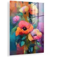 MuchoWow Glasschilderij 90x120 cm - Schilderij acrylglas - Geometrische kleurvlaken - Modern - Fantasiebloemen - Foto op glas - Muurdecoratie woonkamer - Wanddecoratie slaapkamer - Schilderijen