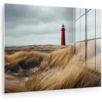 MuchoWow Glasschilderij 160x120 cm - Schilderij acrylglas - Duinen - Vuurtoren - Rood - Lucht - Foto op glas - Muurdecoratie woonkamer - Wanddecoratie slaapkamer - Schilderijen