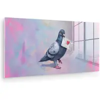 MuchoWow Glasschilderij 120x60 cm - Schilderij acrylglas - Duif - Envelop - Paars - Foto op glas - Muurdecoratie woonkamer - Wanddecoratie slaapkamer - Schilderijen