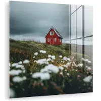 MuchoWow Glasschilderij 20x20 cm - Schilderij acrylglas - Heuvel - Huisje - Bloemen - Wit - Foto op glas - Muurdecoratie woonkamer - Wanddecoratie slaapkamer - Schilderijen