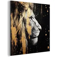 MuchoWow Aluminium schilderij 90x90 cm - Wanddecoratie metaal - Portret - Leeuw - Abstract - Goud - Metalen muurdecoratie woonkamer - Decoratie industrieel - Foto op dibond - Industriële accessoires slaapkamer