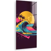 MuchoWow Glasschilderij 80x160 cm - Schilderij acrylglas - Golf - Kleurrijk - Zon - Palmbomen - Foto op glas - Muurdecoratie woonkamer - Wanddecoratie slaapkamer - Schilderijen