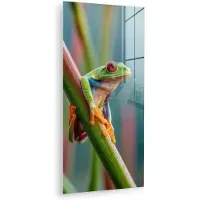 MuchoWow Glasschilderij 40x80 cm - Schilderij acrylglas - Kleurrijke kikker - Groene stengel - Alert - Foto op glas - Muurdecoratie woonkamer - Wanddecoratie slaapkamer - Schilderijen