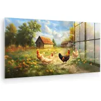 MuchoWow Glasschilderij 120x60 cm - Schilderij acrylglas - Kippen - Landelijke rust - Natuur - Foto op glas - Muurdecoratie woonkamer - Wanddecoratie slaapkamer - Schilderijen