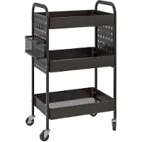 Merax Keukenwagen Op Wieltjes Met 3 Etages En Haken – Zwarte Stalen Opbergtrolley Met Mandjes – Rollende Bijzettafel Voor Keuken Badkamer Of Kantoor – 53.5x30.5x75 cm