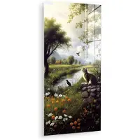 MuchoWow Glasschilderij 40x80 cm - Schilderij acrylglas - Kat - Beekje - Weide - Foto op glas - Muurdecoratie woonkamer - Wanddecoratie slaapkamer - Schilderijen