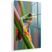 MuchoWow Glasschilderij 100x150 cm - Schilderij acrylglas - Kleurrijke kikker - Groene stengel - Alert - Foto op glas - Muurdecoratie woonkamer - Wanddecoratie slaapkamer - Schilderijen
