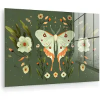 MuchoWow Glasschilderij 150x100 cm - Schilderij acrylglas - Bloemen - Bladeren - Olijfgroen - Vlinder - Foto op glas - Muurdecoratie woonkamer - Wanddecoratie slaapkamer - Schilderijen