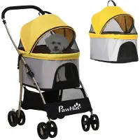 PawHut Hundewagen, 2 in 1 Hundetrolley, Tragetasche, faltbarer Hundebuggy mit Kissen, Katzenwagen für kleine Hunde, Katzen, Katzenbuggy mit 4 Rädern, Netzfenster, Oxfordstoff, Gelb