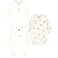 Petit Bateau Set van katoenen babybody's met lange mouwen en print Unisex Rompertje - Wit/Bruin + Wit/Bruin + Wit/Bruin