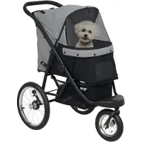 PawHut Hundewagen Jogger Hundebuggy klappbar für kleine Hunde & Katzen bis 10 kg Katzenbuggy mit 3 große Gummiräder, Kissen Netzfenstern Aufbewahrungskorb Katzenwagen mit Sicherheitsleinen, Grau