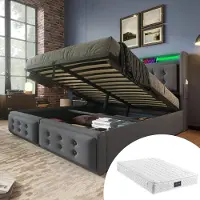 Merax Tweepersoonsbed 160x200 met Matras en Hydraulische Opbergruimte – Grijs Gestoffeerd Bed met USB-C en LED