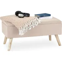 Relaxdays zitbank met opbergruimte - stof - hocker - opbergbank - op poten - halbankje - beige