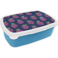 MuchoWow Broodtrommel Blauw - Lunchbox Patroon - Framboos - Retro - Brooddoos 18x12x6 cm - Brood lunch box - Broodtrommels voor kinderen en volwassenen