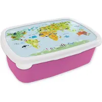 MuchoWow Broodtrommel Roze - Lunchbox - Brooddoos - Wereldkaart - Kinderen - Dieren - Natuur - Jongens - Meisjes - 18x12x6 cm - Kinderen - Meisje