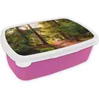 MuchoWow Broodtrommel Roze - Lunchbox - Brooddoos - Bos - Pad - Bomen - Groen - Zon - Natuur - 18x12x6 cm - Kinderen - Meisje