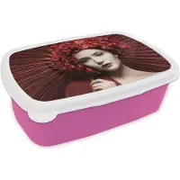 MuchoWow Broodtrommel Roze - Lunchbox - Brooddoos - Vrouw - Rood - Portret - Paraplu - 18x12x6 cm - Kinderen - Meisje