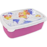 MuchoWow Broodtrommel Roze - Lunchbox - Brooddoos - Wereldkaart - Waterverf - Rood - Blauw - 18x12x6 cm - Kinderen - Meisje