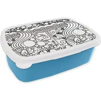 MuchoWow Broodtrommel Blauw - Lunchbox - Brooddoos - Patronen - Abstract - Line Art - Zwart Wit - 18x12x6 cm - Kinderen - Jongen