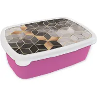 MuchoWow Broodtrommel Roze - Lunchbox Abstract - Kubus - Goud - Patronen - Zwart - Wit - Brooddoos 18x12x6 cm - Brood lunch box - Broodtrommels voor kinderen en volwassenen