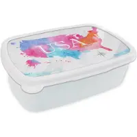 MuchoWow Broodtrommel Wit - Lunchbox - Brooddoos - Amerika - Wereldkaart - Waterverf - 18x12x6 cm - Volwassenen