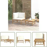 The Living Store Lounge Set - Bamboelounge - 2-delige Loungeset met kussens bamboe crèmewit - Buitenspaarplaats - Tuinstoel - Loungebank