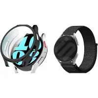 Strap-it Nylon Band (Zwart) + TPU Case (Zwart) - Geschikt voor Samsung Galaxy Watch 6 40mm - Zachte Nylon Band - Geweven Nylon Band - Schermbescherming - Duurzame Beschermer