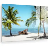 MuchoWow Glasschilderij 30x20 cm - Schilderij acrylglas - Palmboom - Boot - Strand - Foto op glas - Muurdecoratie woonkamer - Wanddecoratie slaapkamer - Schilderijen