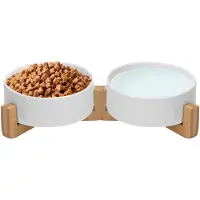 S.old Voerbak Hond - Voerbak Kat - Drinkbak - Met Bamboe Standaard - 2x 400 ml - Maat S - Wit Mat