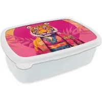 MuchoWow Broodtrommel Wit - Lunchbox Tijger - Kimono - Planten - Roze - Brooddoos 18x12x6 cm - Brood lunch box - Broodtrommels voor kinderen en volwassenen