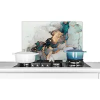 KitchenYeah Spatscherm - Blauw - Goud - Spatwand - Abstract - Marmer print - Achterwand keuken - Keuken - 70x50 cm
