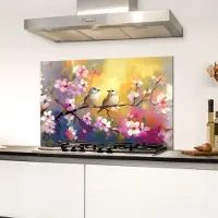 KitchenYeah Spatscherm keuken 60x40 cm - Kookplaat achterwand Vogels - Bloemen - Roze - Muurbeschermer - Spatwand fornuis - Hoogwaardig aluminium