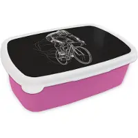 MuchoWow Broodtrommel Roze - Lunchbox Lijntekening - Wit - Wielrennen - Snelheid - Brooddoos 18x12x6 cm - Brood lunch box - Broodtrommels voor kinderen en volwassenen
