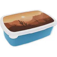 MuchoWow Broodtrommel Blauw - Lunchbox Landschap - Woestijn - Cactussen - Zon - Brooddoos 18x12x6 cm - Brood lunch box - Broodtrommels voor kinderen en volwassenen