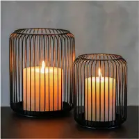 BOG Windlicht Set van 2 - Kandelaar Metaal Zwart - Kandelaar Groot Ovaal - Zwarte Decoratie - Decoratieve Windlichten van Draad (Zwart)