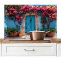 KitchenYeah Spatscherm keuken 100x65 cm - Kookplaat achterwand Deur - Hout - Bloemen - Blauw - Muurbeschermer - Spatwand fornuis - Hoogwaardig aluminium