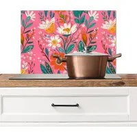 KitchenYeah Spatscherm keuken 60x40 cm - Kookplaat achterwand Roze - Bloemen - Wit - Oranje - Muurbeschermer - Spatwand fornuis - Hoogwaardig aluminium
