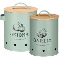 OTIX Voorraadpotten - met Deksel - Mint Groen - Set van 2 - Knoflookpot - Uienpot - Metaal - Bamboe - SCORPIO