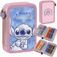 Sarcia.eu DISNEY Stitch Etui met twee compartimenten voor schoolpotloden MET UITRUSTING voor meisje, VOOR SCHOOL - 32 elementen, 2 ritsen