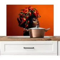 KitchenYeah Spatscherm keuken 80x55 cm - Kookplaat achterwand Vrouw - Chilipepers - Pepers - Bloemen - Muurbeschermer - Spatwand fornuis - Hoogwaardig aluminium