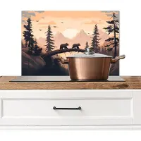 KitchenYeah Spatscherm keuken 70x50 cm - Kookplaat achterwand Beren - Bomen - Landschap - Zonsondergang - Muurbeschermer - Spatwand fornuis - Hoogwaardig aluminium