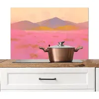 KitchenYeah Spatscherm keuken 80x55 cm - Kookplaat achterwand Bloemenweide - Heuvels - Silhouet - Roze - Muurbeschermer - Spatwand fornuis - Hoogwaardig aluminium