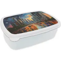 MuchoWow Broodtrommel Wit - Lunchbox Auto - Skyline - Zon - Blauw - Brooddoos 18x12x6 cm - Brood lunch box - Broodtrommels voor kinderen en volwassenen